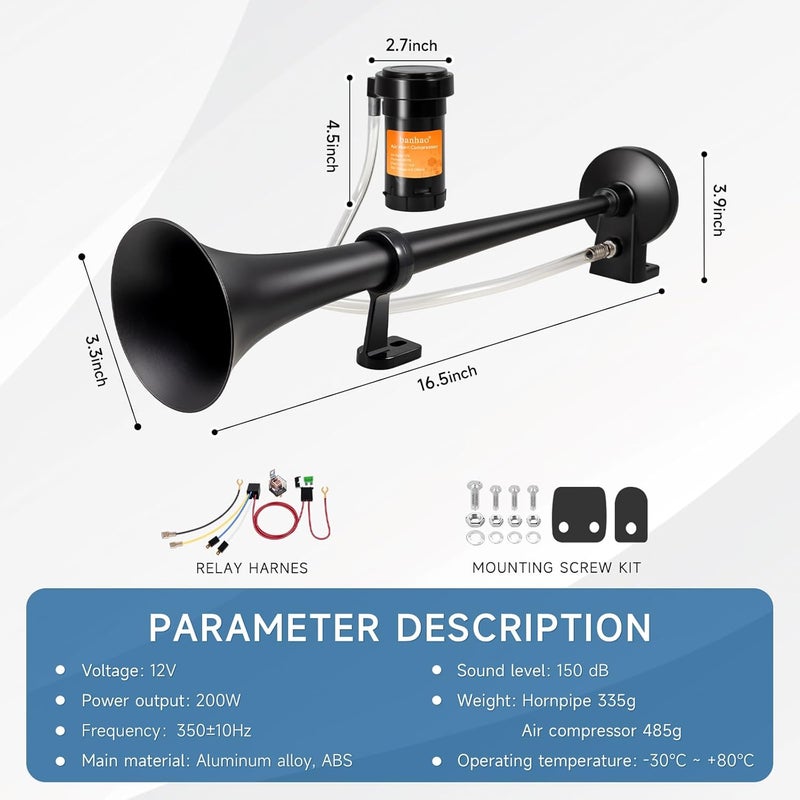 banhao Train Horn for Truck 150db 12V, Super Loud black Single Trumpet Truck Air Horn with Compressor, suitable for Any 12V Vehicles Train Car Ship Boat Lorry (Black 1 tube horn with wire) - Image 3